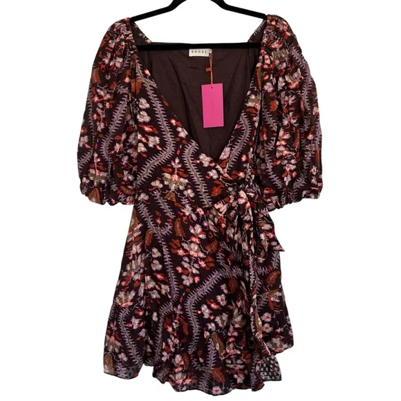 RHODE Darya Puff Sleeve Tiered Mini Dress in Plumeria Chocolate NWT - Picture 5 of 9